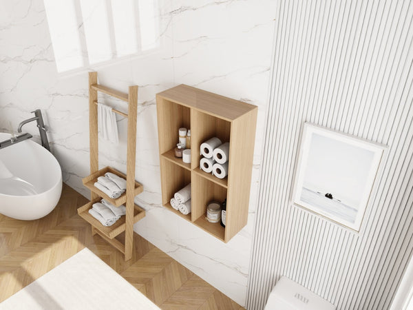 English Elm 24 Inch Wall Mounted Oak Shelving Unit Two Open Compartments for Bathroom or Study W1972P457946