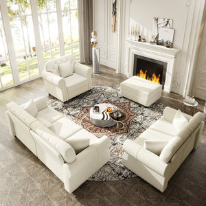 English Elm Upholstered Velvet Chesterfield Sofa Set with Button Tufting Nailhead Trim and Ottoman Beige+White W1885S00388