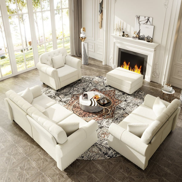 English Elm Upholstered Velvet Chesterfield Sofa Set with Button Tufting Nailhead Trim and Ottoman Beige+White W1885S00388