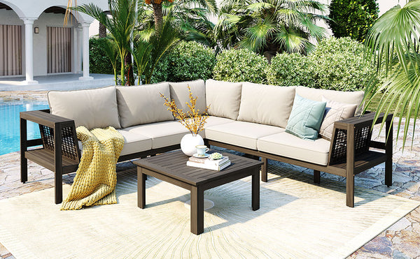 English Elm GO 4 Pieces Outdoor Acacia Wood Sofa Set with Removable Cushions, Woven Armrests & Coffee Table Beige,Grayish Brown N704G201249A