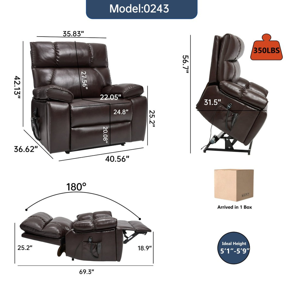 English Elm Brown Leatheraire Power Lift Recliner Dual Motor Massage Heat Heavy Duty 350lb W1803P340308