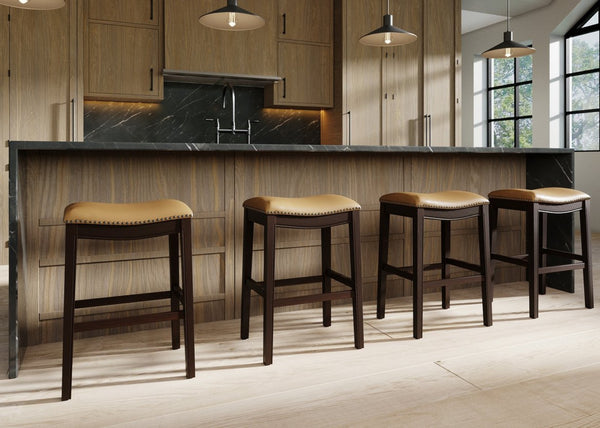 English Elm 31in. Hardwood Barstool Nailhead Faux Leather Seat Club Style Kitchen Island Seating Tan B2751P436413