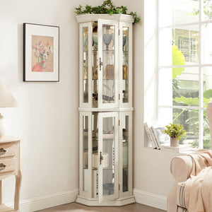 English Elm Lighted Corner Curio Cabinet - Elegant Glass Display With Adjustable Shelves & Bead Bulb Lighting - White W1758P300131
