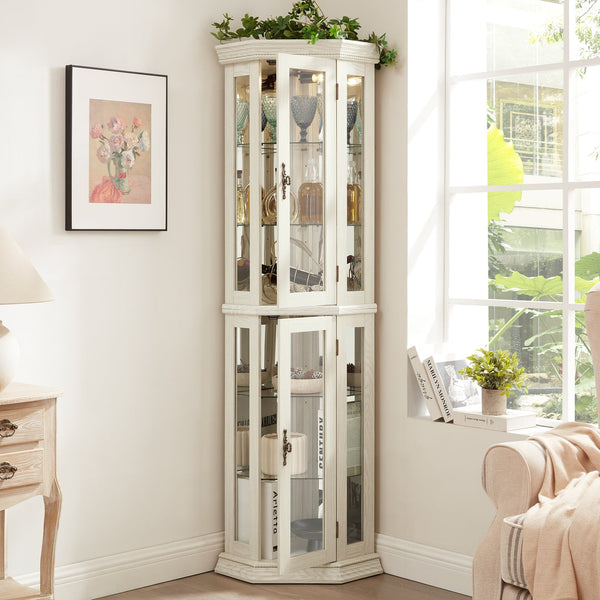 English Elm Lighted Corner Curio Cabinet - Elegant Glass Display With Adjustable Shelves & Bead Bulb Lighting - White W1758P300131