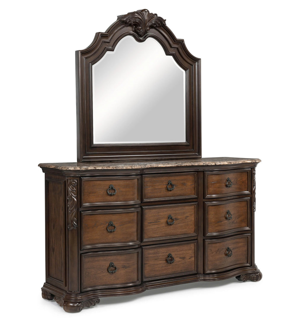 English Elm 1pc Genuine Marble Top Dresser with Nine Drawers, Intricate Moldings and Curved Silhouette, Luxury Finish Brown,Coffee 75 L x 23 W x 41.5 H B2741P366054
