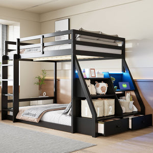 English Elm Full Bunk Bed with App Led Lighting Usb Charging Storage Drawers Kids Bedroom Black N820S00080B