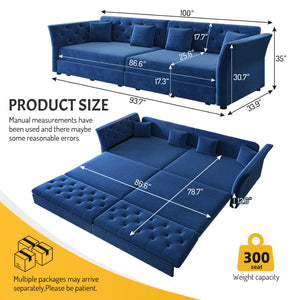 English Elm 100" Oversized Velvet Sleeper Sofa with Floral Tufted Cushions for Living Room Blue W1885S00303