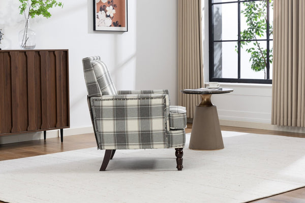 English Elm Upholstered Vintage Armchair Striped Linen Nailhead Trim Turned Legs Living Room W2530P430690