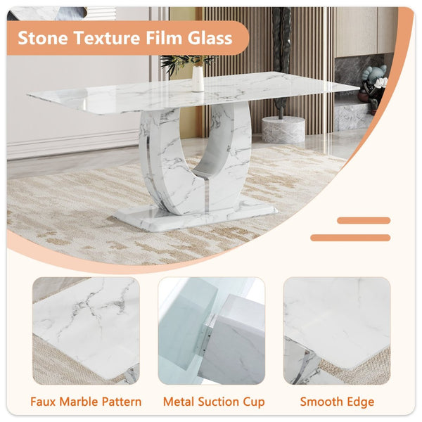 English Elm Table and Chair Set Modern Marble Glass Top Dining with Six Pu Leather Seats W1151S02125