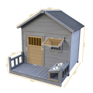 English Elm Large Breed Outdoor Doghouse Solid Fir Wood Covered Porch Weatherproof Asphalt Roof W1431S00010