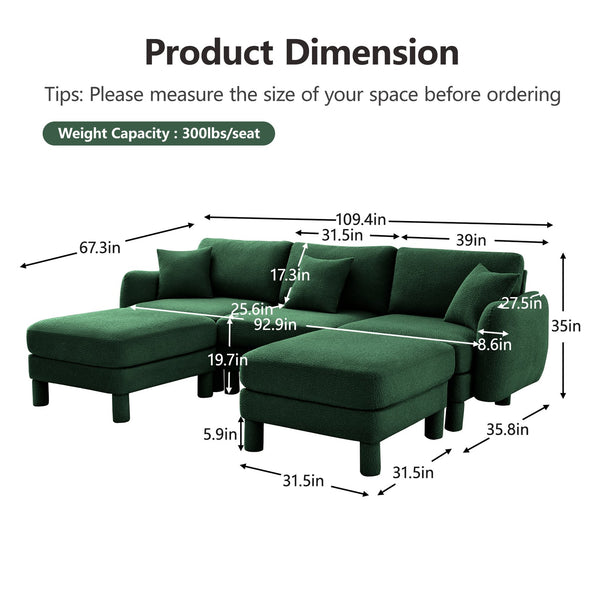 English Elm Boucle U-Shape Sectional Sofa With Shell Armrests & 2 Movable Ottomans For Modern Spaces, Green W3041S00310