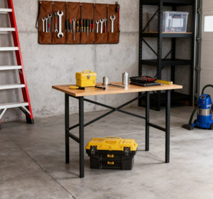English Elm Garage Workbench with Solid Wood Surface and Powder Coated Steel X Brace Base T3971P412487