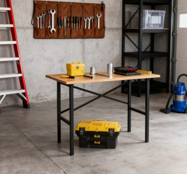 English Elm Garage Workbench with Solid Wood Surface and Powder Coated Steel X Brace Base T3971P412487