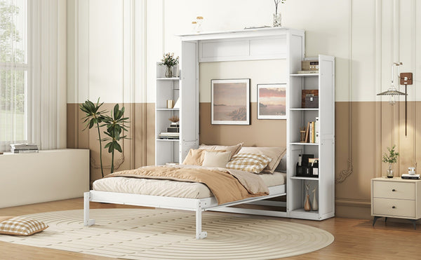 English Elm Full Size Murphy Wall Bed with Led Lighting Side Storage Cabinets and Slatted Support White LP000694AAK-1