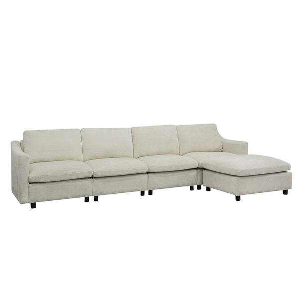 English Elm 4-Seater Modular Cloud Sofa in Beige Fabric with Ottoman, Memory Foam Comfort, Pockets & Pillows W1183S00011