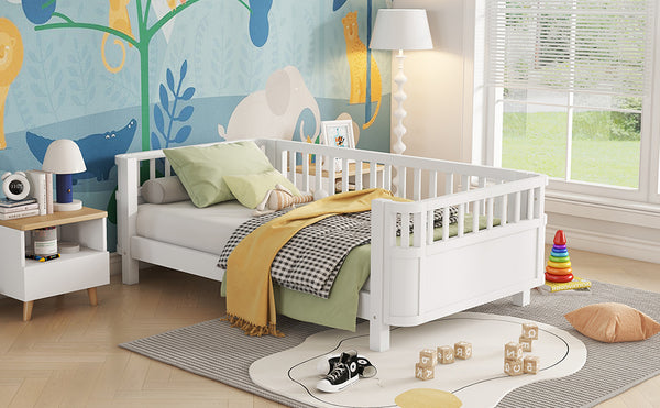 Twin Solid Pine Low Profile Kids Bed with Full Guardrail System and Rounded Safe Corners