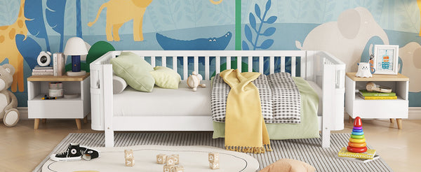 Twin Solid Pine Low Profile Kids Bed with Full Guardrail System and Rounded Safe Corners