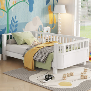 Twin Solid Pine Low Profile Kids Bed with Full Guardrail System and Rounded Safe Corners