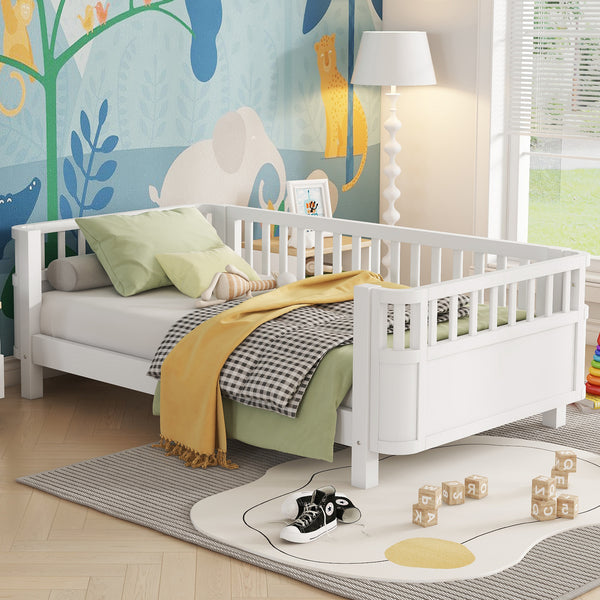 Twin Solid Pine Low Profile Kids Bed with Full Guardrail System and Rounded Safe Corners