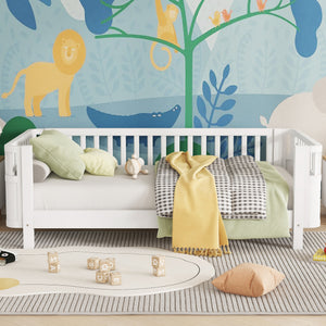 Twin Solid Pine Low Profile Kids Bed with Full Guardrail System and Rounded Safe Corners