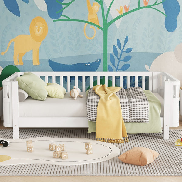 Twin Solid Pine Low Profile Kids Bed with Full Guardrail System and Rounded Safe Corners
