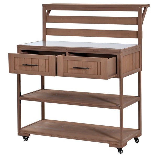 English Elm Topmax Modular Fir Wood Outdoor Kitchen Cart Stainless Steel Prep Station Brown N717P417963D