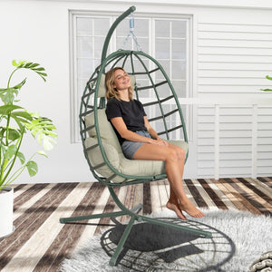 English Elm Egg Hanging Chair with Stand Pe Rattan Swing Seat Washable Cushion Patio Bedroom T5880P497440
