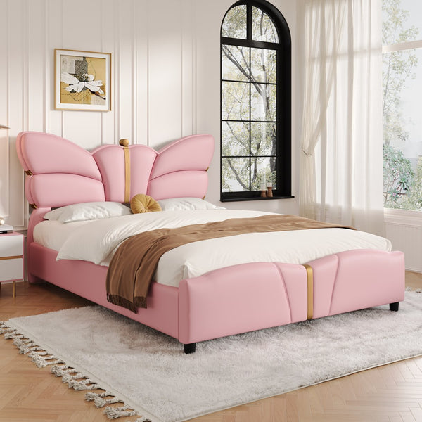 English Elm Christopher Knight Home® - Full Upholstered PU Leather Bed Frame with Butterfly Headboard, Gold Accents, Solid Wood Platform Light Pink 78.25 L x 10 W x 3.25 H N761S0000018H