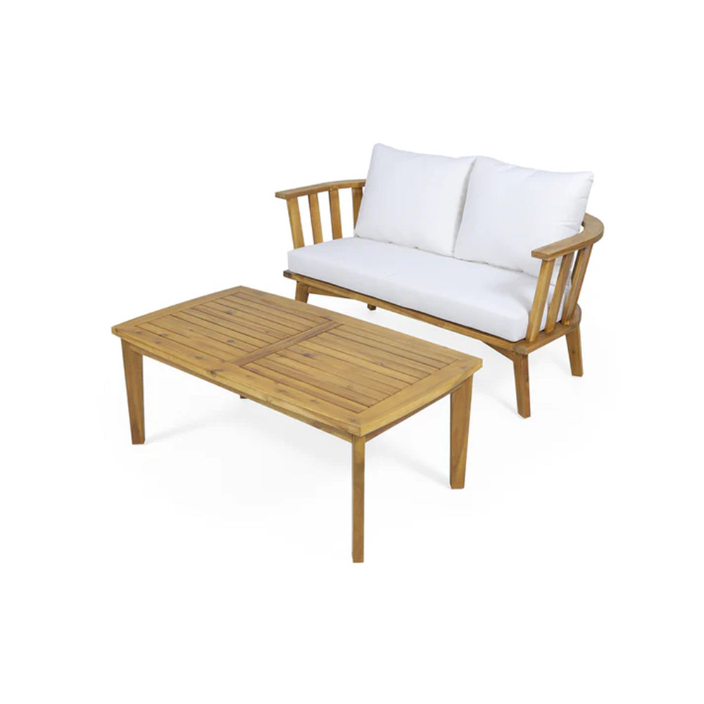English Elm Christopher Knight Home® - 2 Person Acacia Wood Patio Seating Set with Curved Back Loveseat, Teak Finish, White Cushions, Coffee Table 70334.00WHI_70336.00