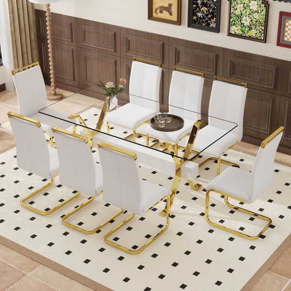 English Elm Table Elegant Transparent Glass Dining Set - 71"X35.4" With 8 White Pu Chairs & Golden Legs W1151S02360-GIGA