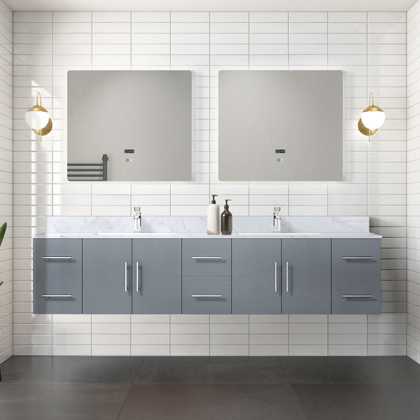 English Elm Dark Grey 84in Double Bath Vanity with Carrara Marble Top, Faucet Set, Soft-Close Drawers & Shelf B2731P258746