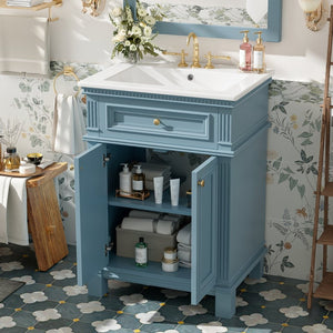 English Elm 24'' Carved Farmhouse Bathroom Vanity with Ceramic Sink Soft Close Storage Cabinet Indigo Blue N710P446530M