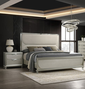 English Elm Glamorous Luxury Fabric Upholstered Queen Bed with LED Headboard, Embossed Panels & 2 Nightstands Set Silver 33 L x 21 W x 28 H B2741S00359