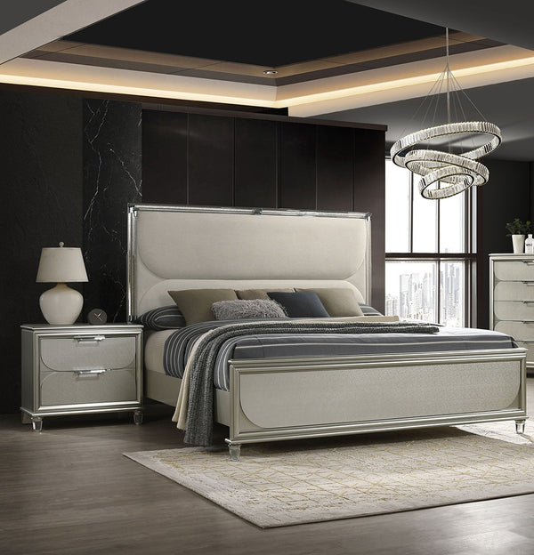 English Elm Glamorous Luxury Fabric Upholstered Queen Bed with LED Headboard, Embossed Panels & 2 Nightstands Set Silver 33 L x 21 W x 28 H B2741S00359