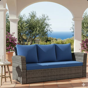 English Elm 67.7" Outdoor Wicker Three Seat Sofa High Back Pe Frame Patio Lounge Furniture Blue B082P455182