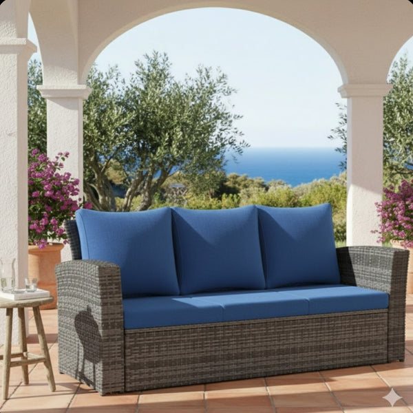 English Elm 67.7" Outdoor Wicker Three Seat Sofa High Back Pe Frame Patio Lounge Furniture Blue B082P455182