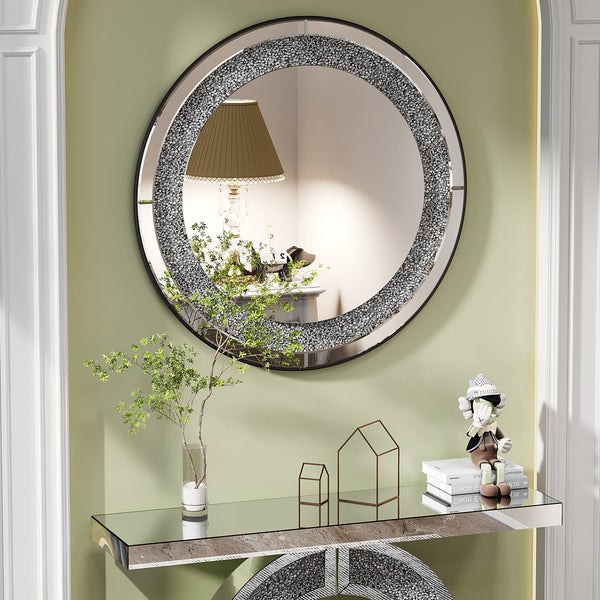 English Elm 33.46"(85cm)Crystal Radiant Diamond Mirror Silver Round Wall Art — Beveled Glass, Acrylic Sparkle W3836P361755