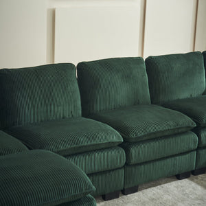 English Elm Modern U Shaped 6-Seat Sectional Sofa with Ottoman and 3 Toss Pillows, Corduroy Modular Comfort and Durable Frame Green W2363S00042