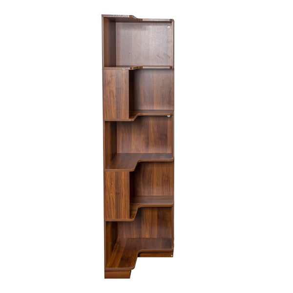 English Elm Corner 5-Tier Book Shelf with LED Accent Lighting, Space-Saving L-Shaped Corner Bookcase for Home Walnut W331P293305