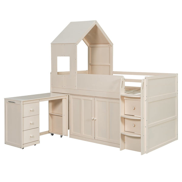 English Elm Twin House Loft Bed with Pull Out Rolling Desk Stair Drawers and Cabinet Storage Beige N820S00072A