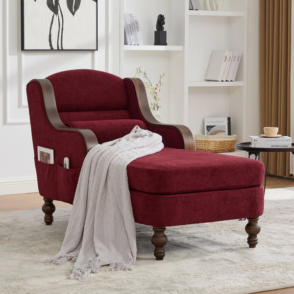 English Elm UNITED Oversized Chaise Lounge Sofa Bed with Solid Wood Arms, High-Resilience Foam, 800lb Capacity and Storage Pockets WINE RED W1568S00210