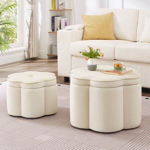 English Elm Set of 2 Flower Petal Velvet Storage Ottomans Sculptural Nesting Seating for Living Room Cream W2186P440352