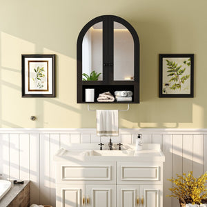 English Elm Wall Mounted Arched Cabinet Tempered Glass Doors Led Lighting Adjustable Shelves Bathroom Black T3210P471557
