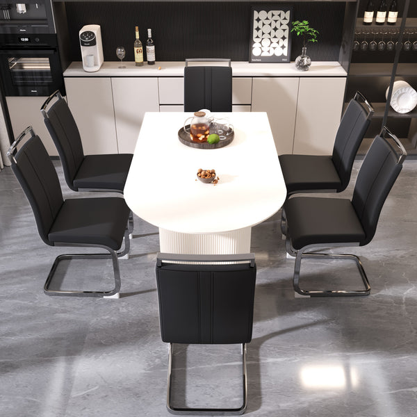 English Elm 63" Cream Mdf Dining Table & 6 Pu Armless Chairs Set - Modern Industrial Style For Home & Kitchen W2189S00433