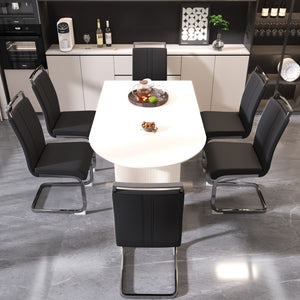 English Elm 63 Inch Cream Mdf Dining Table and Pu Leather Chair Set for Six Modern W2189S00901
