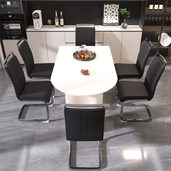 English Elm 63 Inch Cream Mdf Dining Table and Pu Leather Chair Set for Six Modern W2189S00901