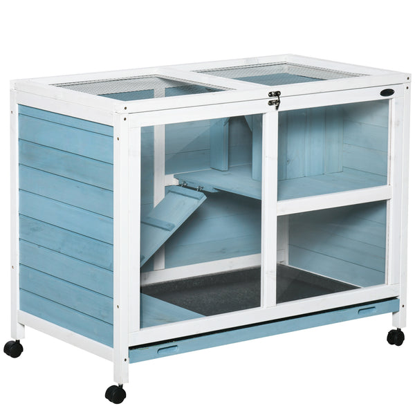 English Elm PawHut Compact Indoor Rabbit Hutch with Wheels and Plexiglass Window, Waterproof, Easy-Clean Tray Light Blue W2225P200743