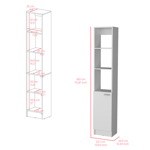English Elm Linen Cabinet Marion White — Slim 46" Engineered Wood Bathroom Storage with Open Shelves & Concealed Door B092P191189