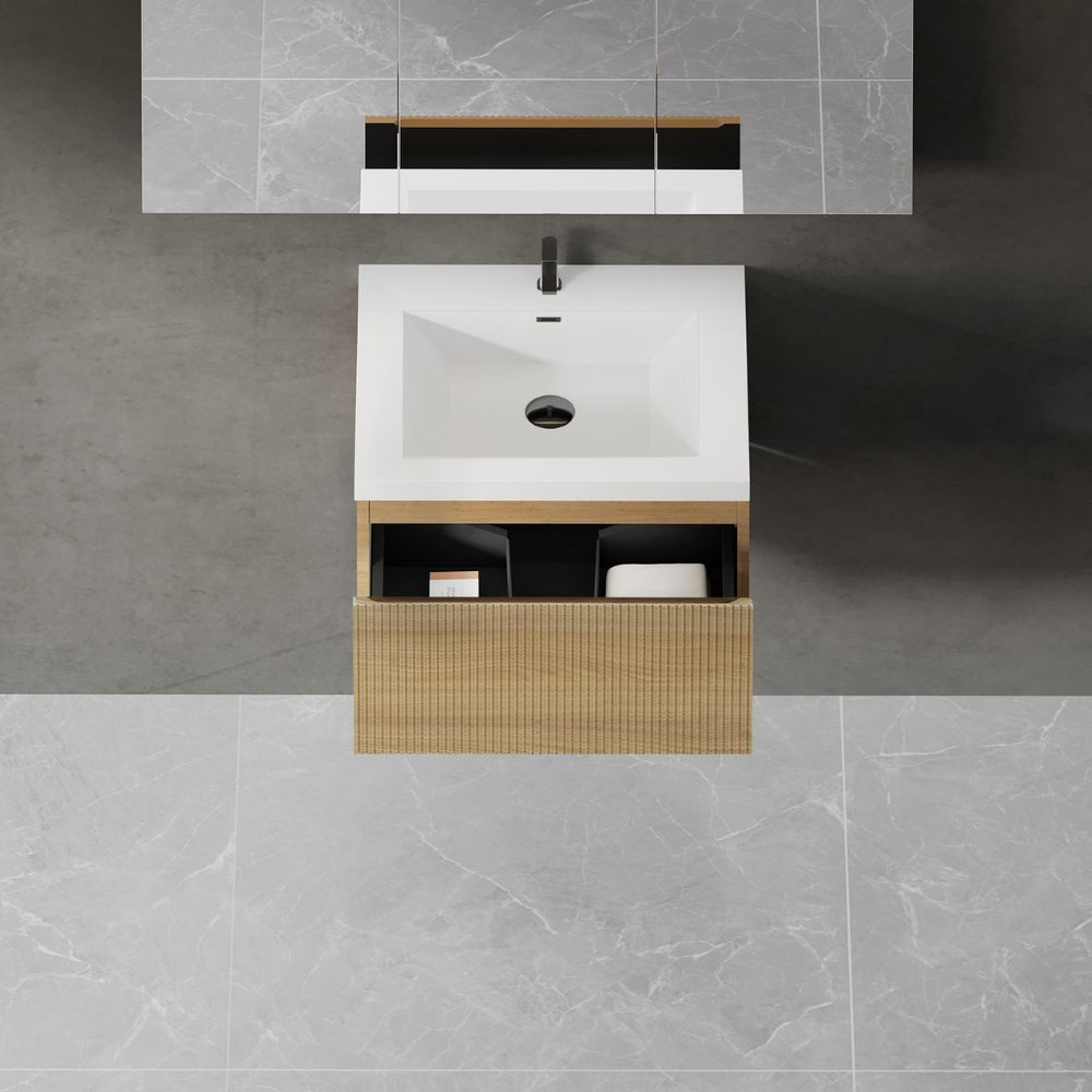 English Elm 24'' Wall Mount Bathroom Vanity Fluted Smoked Walnut Soft Close Drawer Quartz Basin W1920P385431