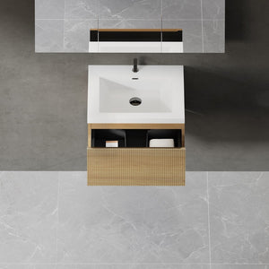 English Elm 24'' Wall Mount Bathroom Vanity Fluted Smoked Walnut Soft Close Drawer Quartz Basin W1920P385431